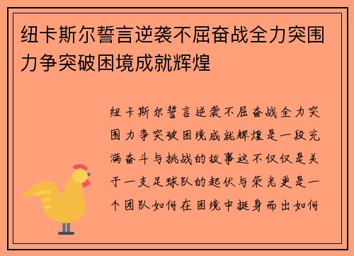 纽卡斯尔誓言逆袭不屈奋战全力突围力争突破困境成就辉煌