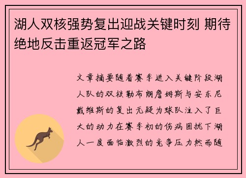 湖人双核强势复出迎战关键时刻 期待绝地反击重返冠军之路