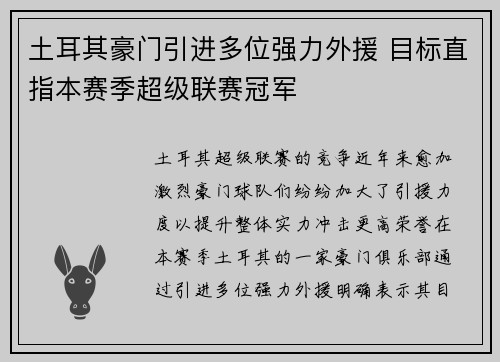 土耳其豪门引进多位强力外援 目标直指本赛季超级联赛冠军