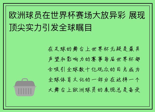 欧洲球员在世界杯赛场大放异彩 展现顶尖实力引发全球瞩目