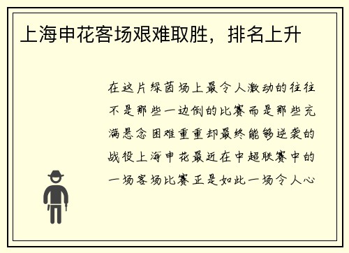 上海申花客场艰难取胜，排名上升