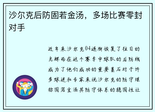 沙尔克后防固若金汤，多场比赛零封对手