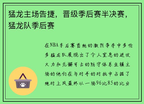 猛龙主场告捷，晋级季后赛半决赛，猛龙队季后赛