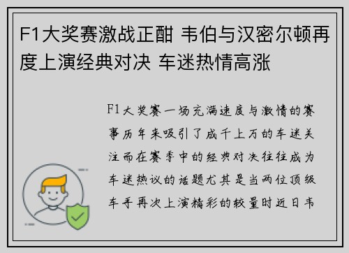 F1大奖赛激战正酣 韦伯与汉密尔顿再度上演经典对决 车迷热情高涨